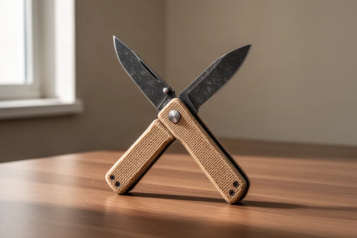 Civivi Baby Banter folding knife open on a wood desk with burlap Micarta handle