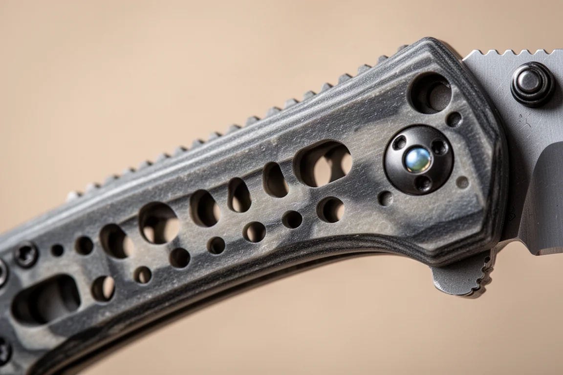 Skelettierte Griff des Taschenmessers mit zahlreichen Aussparungen und Fingerschutz-Mulden