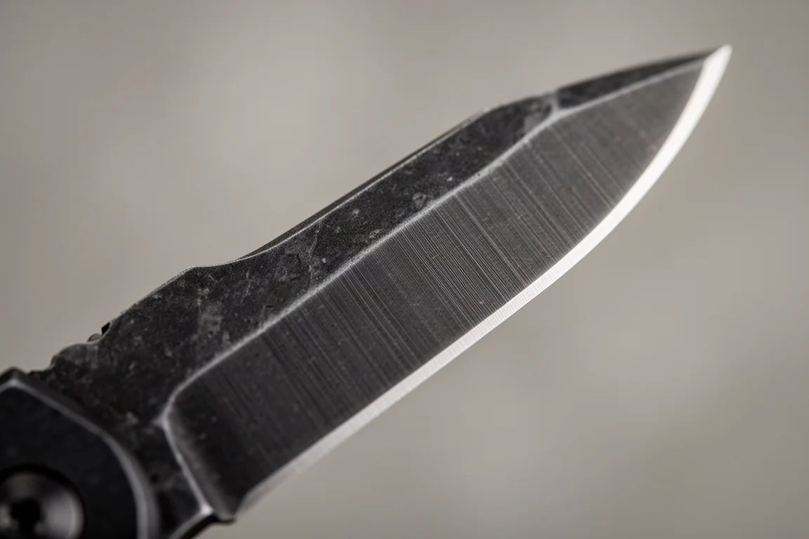 Gros plan sur le tranchant d'une lame de couteau pliant avec une finition stonewash foncée