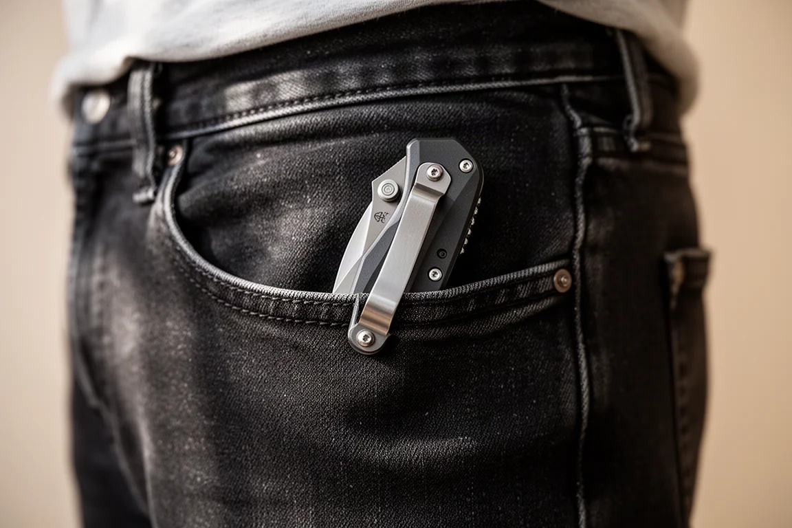 Couteau pliant accroché dans une poche de jean grâce à un clip deep carry