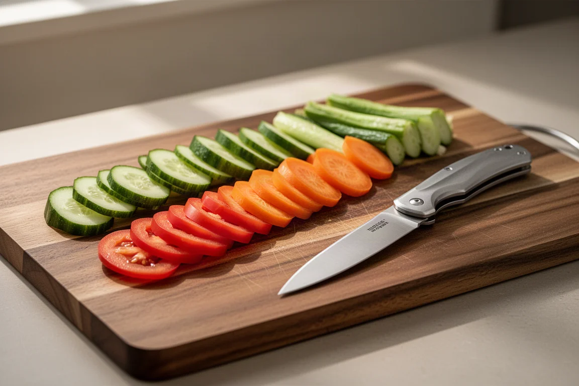 Mains découpant des légumes sur une planche en bois avec un couteau pliant