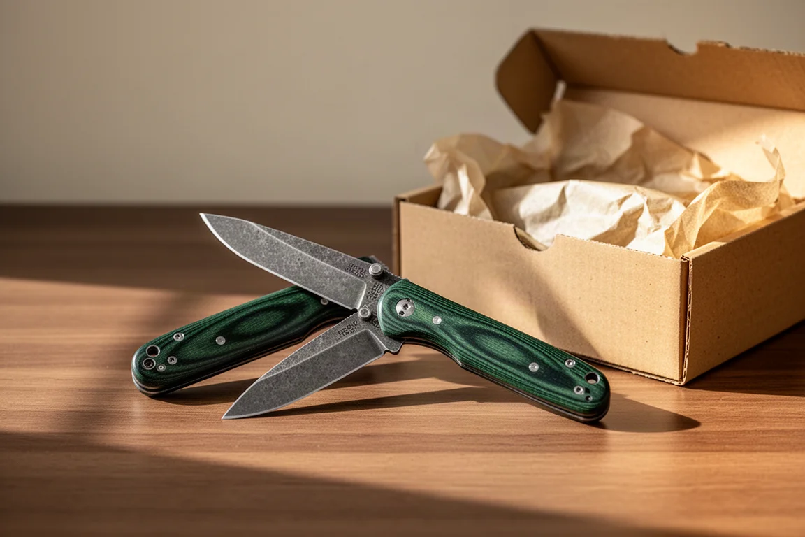 Coltello chiudibile con manico in Micarta verde parzialmente aperto su una scrivania in legno