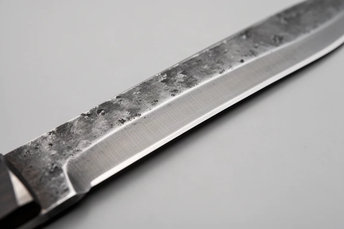 Primo piano di una lama stonewash che mostra un sottile cavo concavo
