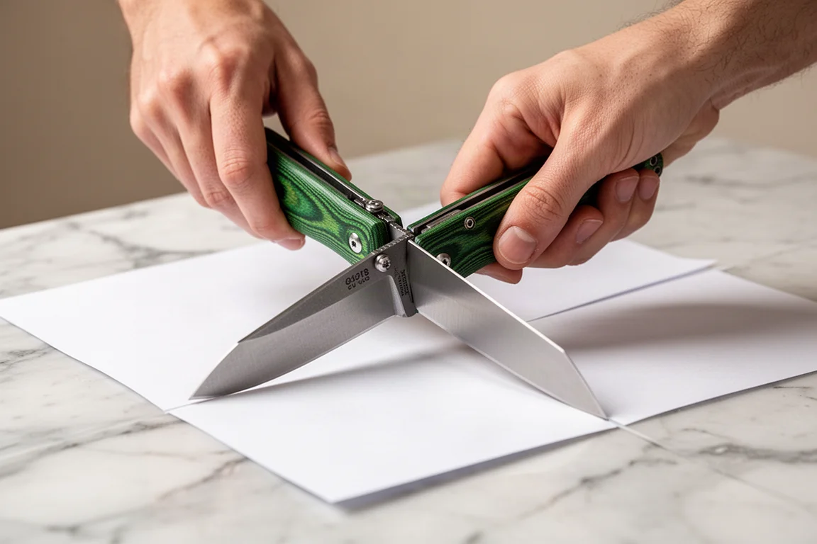 Persona che affetta carta con un coltello chiudibile in luce soffusa