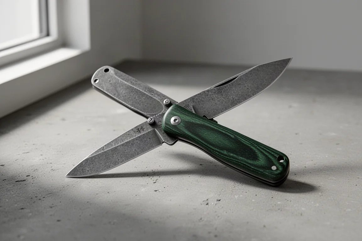 Folding knife with green Micarta handle and stonewashed blade on concrete