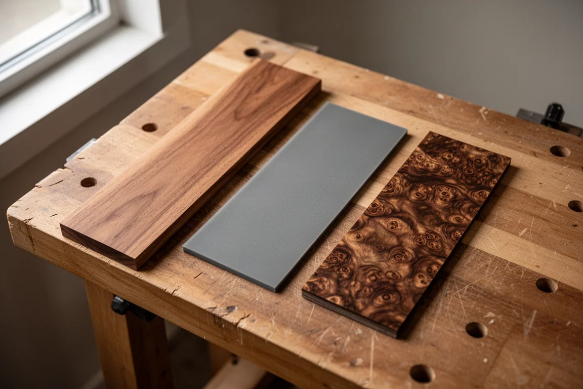 木質、Micarta 與 G10 刀柄貼片整齊排在工作檯上