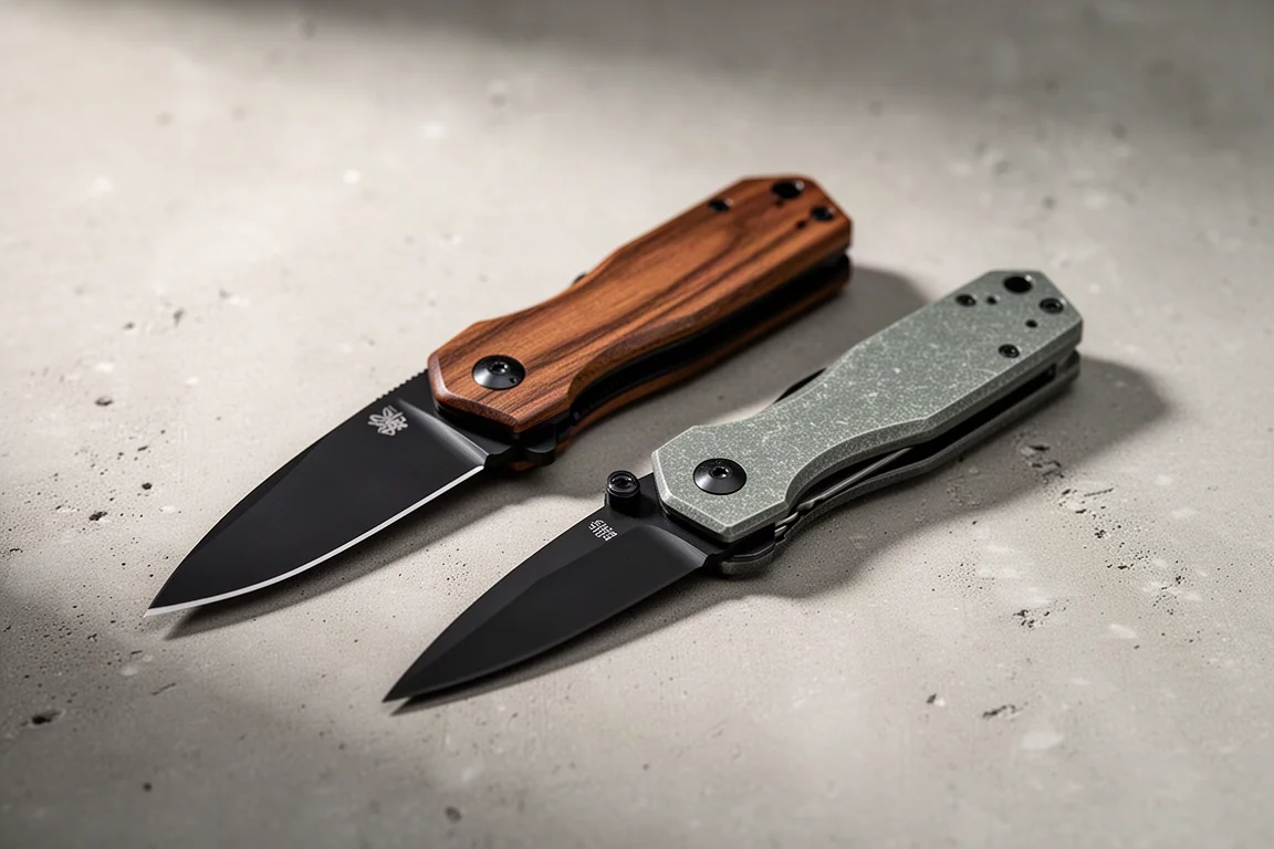 Civivi Cogent wood-handle knife and Civivi Altus aluminum-handle knife on concrete surface