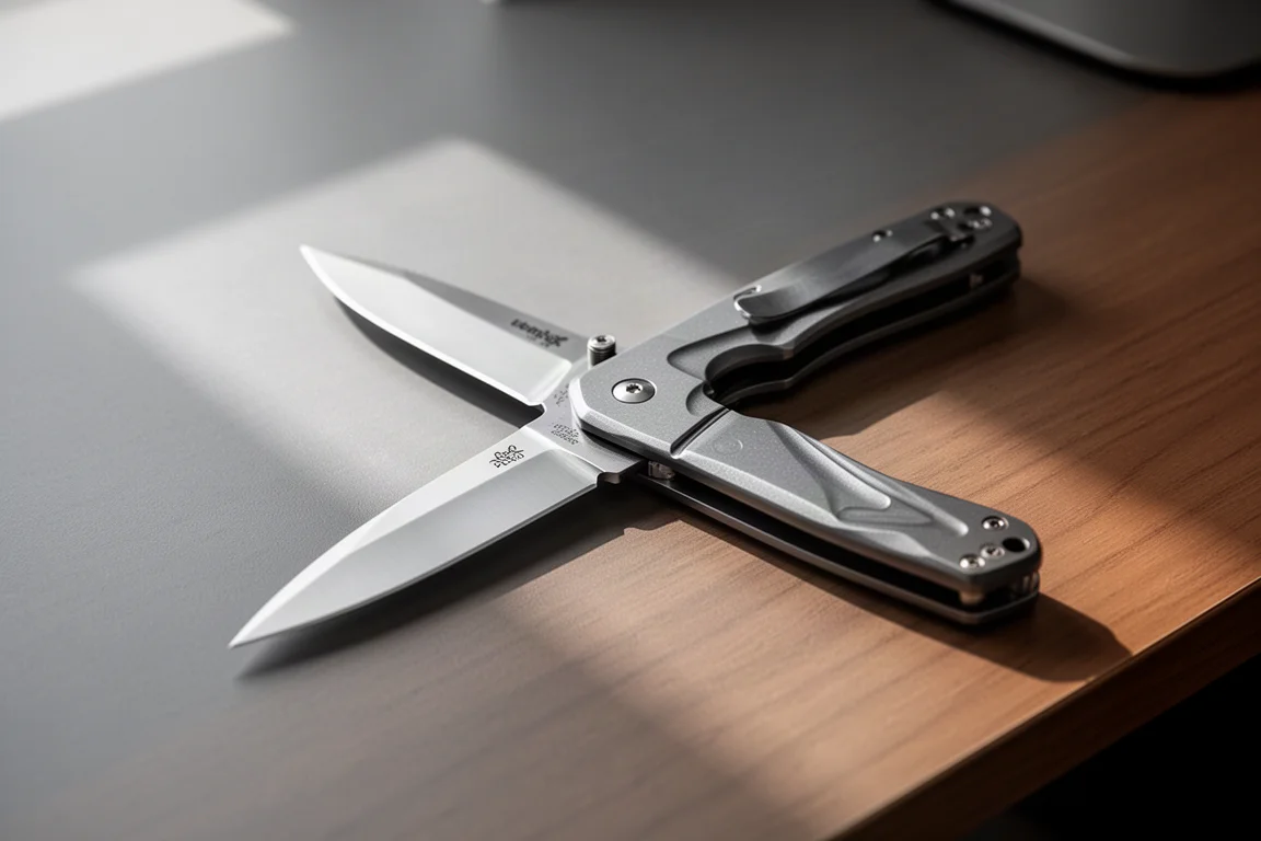 Klappbares Taschenmesser mit Drop-Point-Klinge, geöffnet auf einer Holzschreibtischfläche liegend