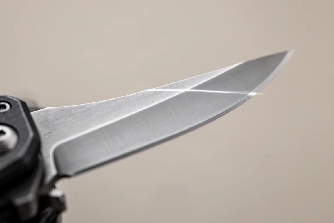 Schlanke Drop-Point-Klinge seitlich an einfarbigem Hintergrund gehalten