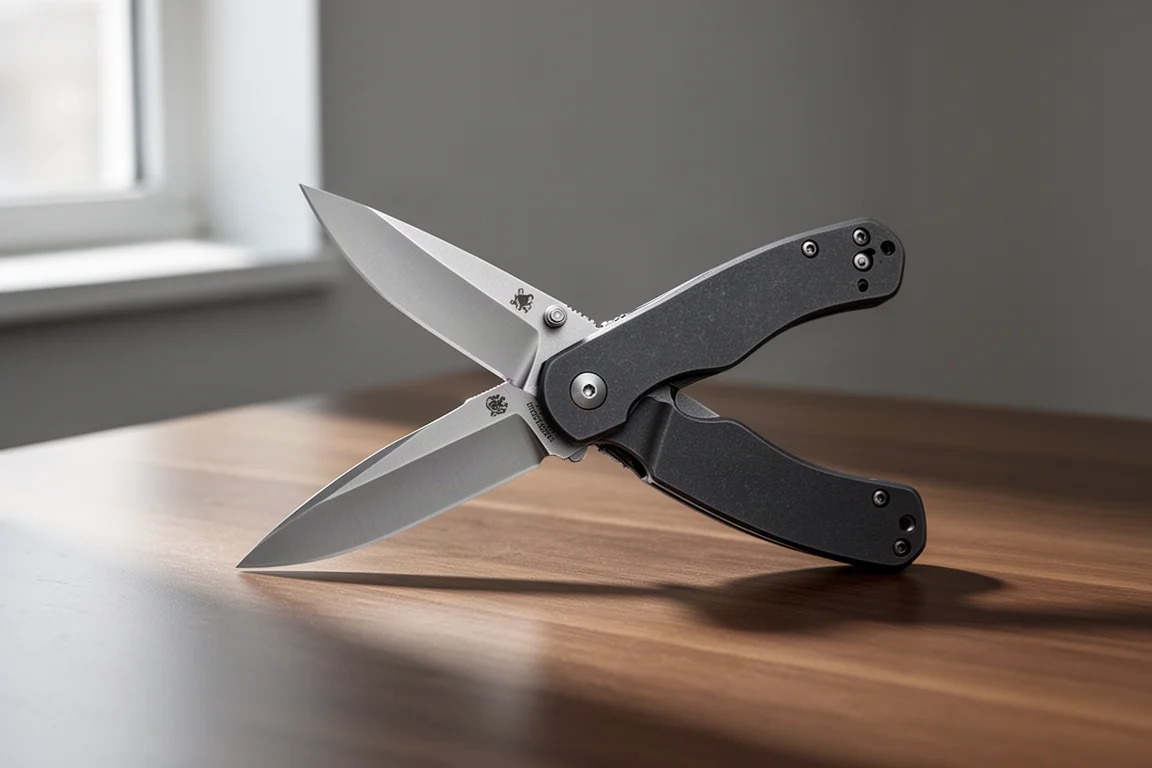 Folding pocket knife with drop-point blade on a wooden desk surface