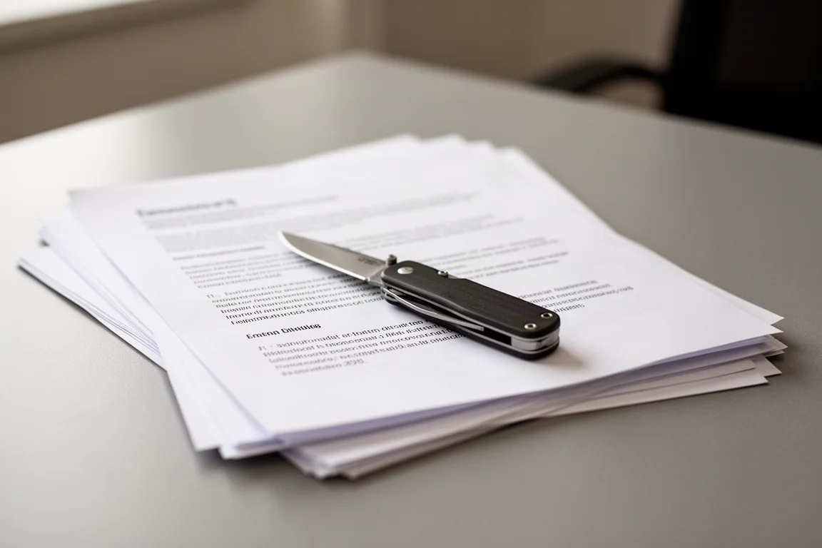 Smukły nóż kieszonkowy leżący na biurku wśród papierów