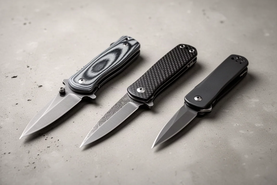 Three folding knives arranged on a concrete surface