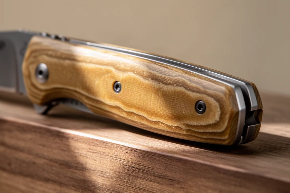Primer plano del mango de Micarta de un cuchillo mostrando la veta texturizada