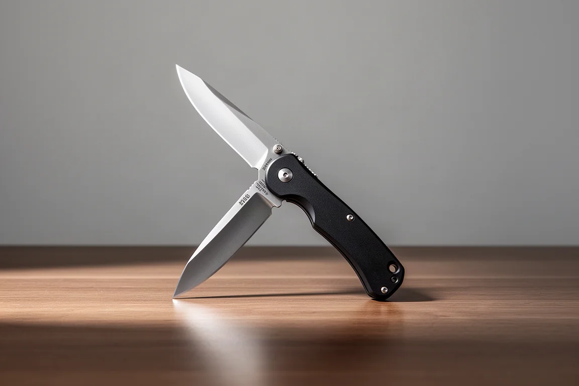 Cuchillo plegable abierto sobre un escritorio de madera con luz natural