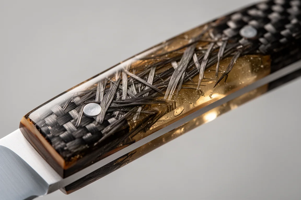 Nahaufnahme eines Messergriffs mit Shredded Carbon Fiber und transparenten goldenen Harz-Griffschalen