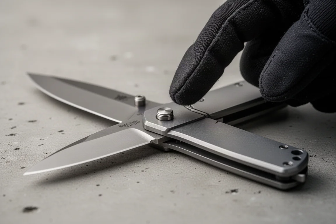Finger drückt den erhabenen Button Lock eines geöffneten Klappmessers