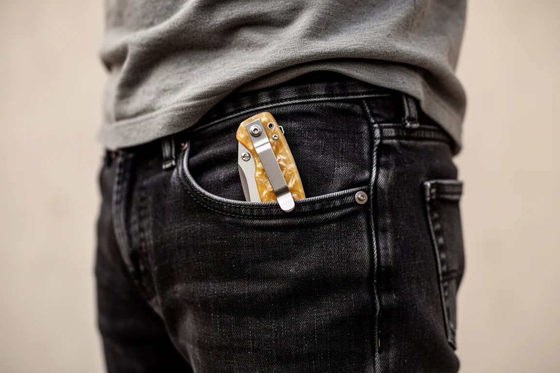 Klappmesser mit Clip an einer Jeans-Tasche bei natürlichem Tageslicht