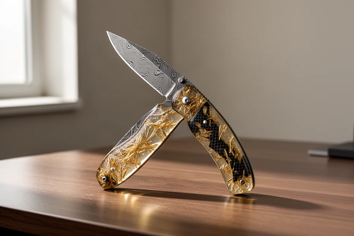 Coltello pieghevole Civivi Elementum 2 Button Lock con placche in carbonio shreddato dorato e lama in Damasco