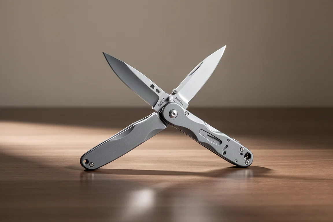 Coltello chiudibile con lama drop point che si apre su una scrivania in legno