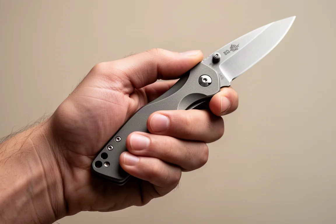 Dettaglio di una mano che impugna comodamente il manico di un coltello chiudibile