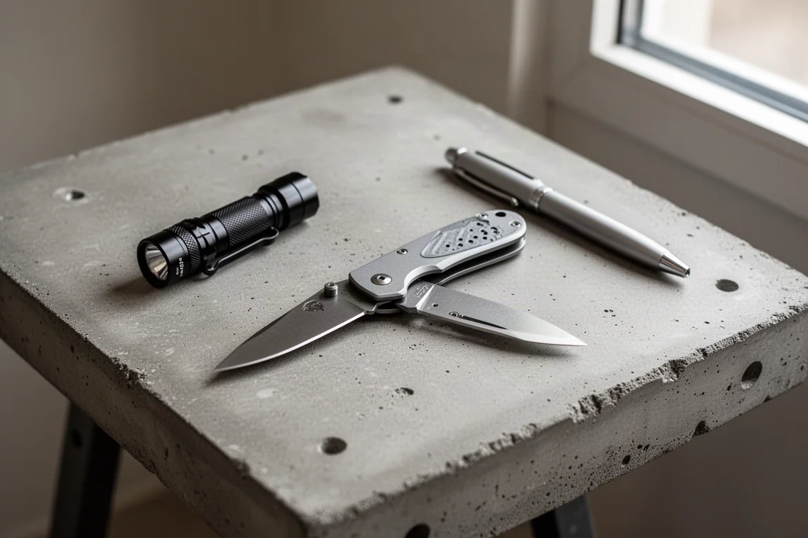 Coltello da tasca appoggiato su un banco di lavoro accanto ad oggetti EDC
