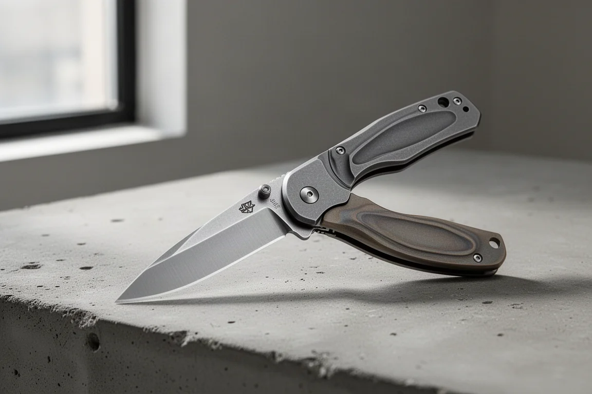 Folding pocket knife with drop point blade on a matte concrete surface