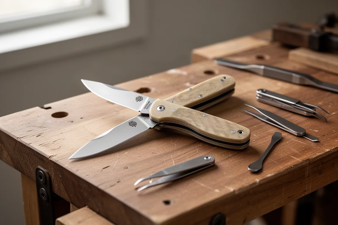 A folding pocket knife with Micarta scales resting on a wooden workbench