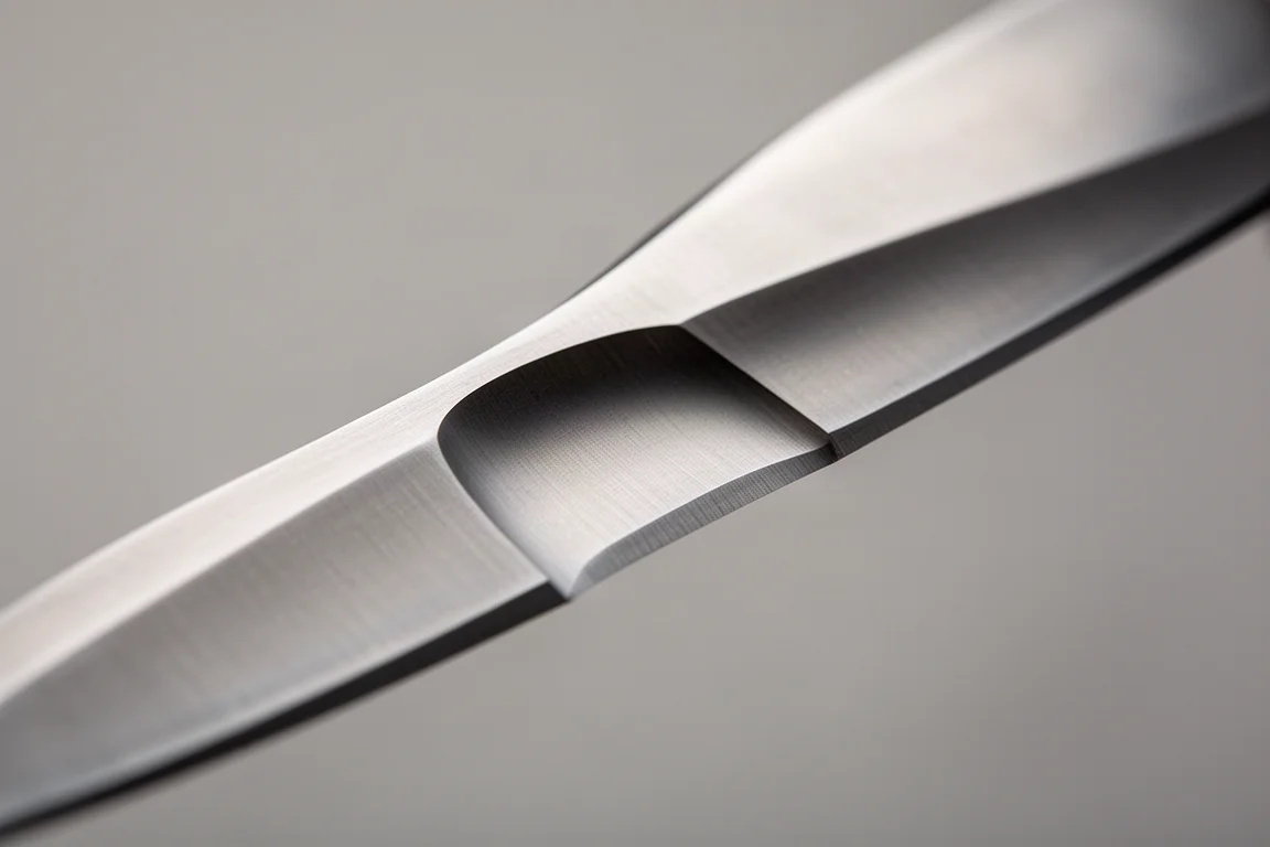 Close-up of a knife blade edge showing a hollow grind curving inward