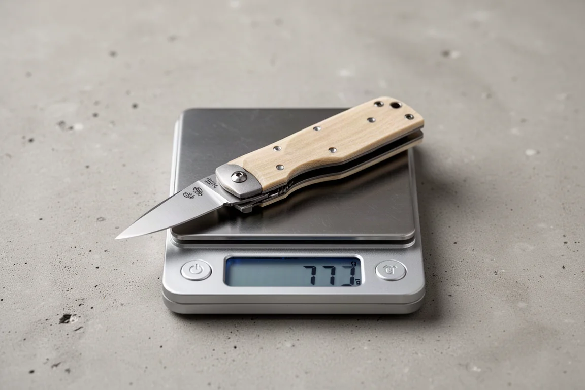 Two pocket knives placed on a digital kitchen scale weighing around 77 grams