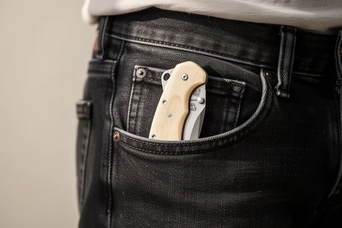 Pocket knife with skeletonized tip-up pocket clip attached to denim jeans pocket