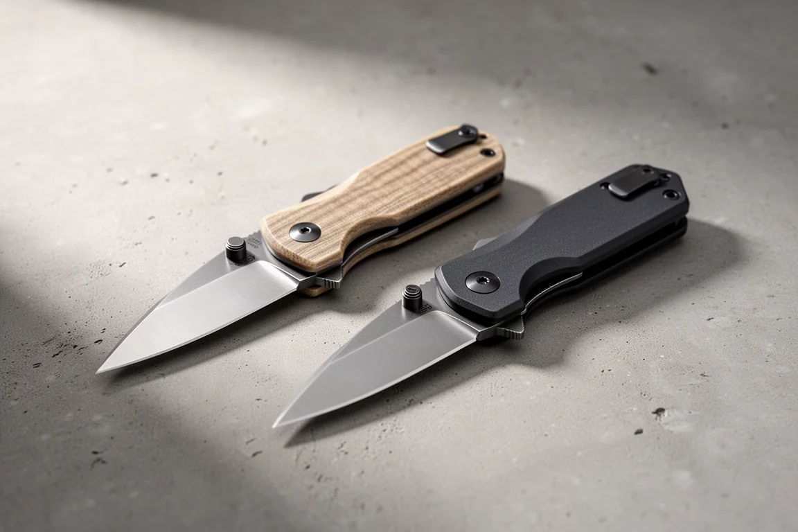Two folding pocket knives with different scale materials lying on a concrete surface