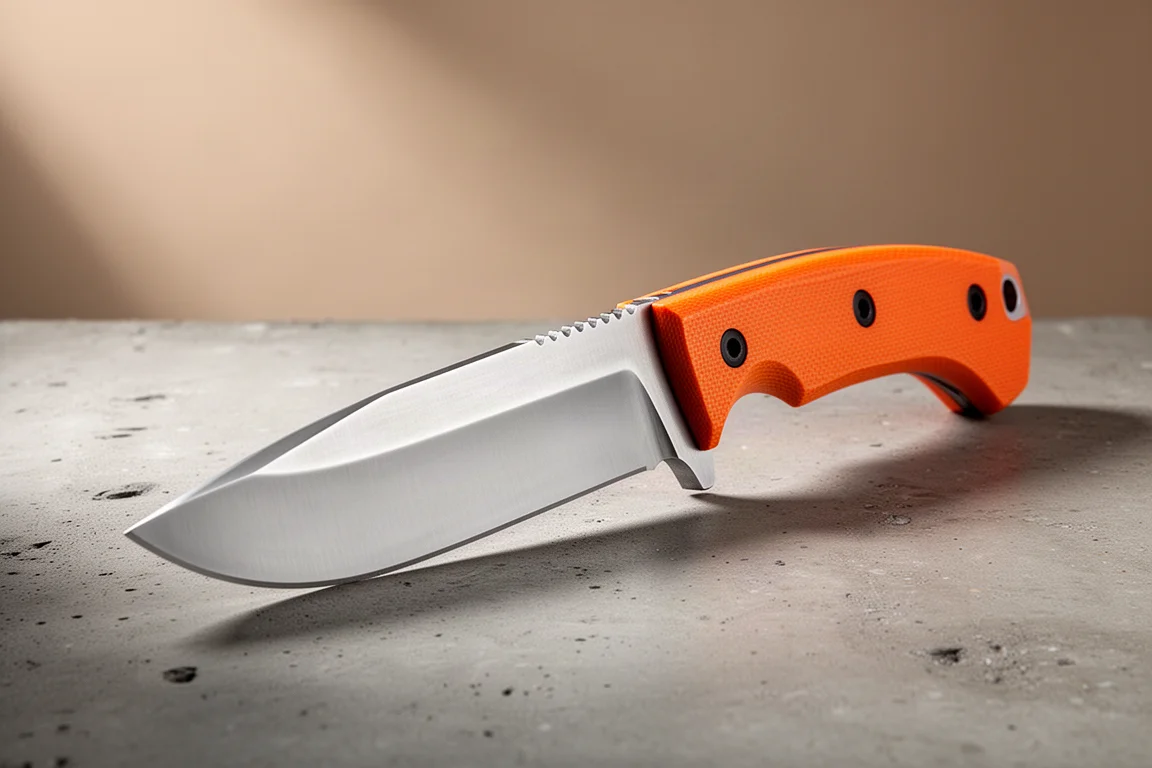 オレンジのG10ハンドルをまとった Civivi Gander の固定刃ハンティングナイフがコンクリートの上に置かれている
