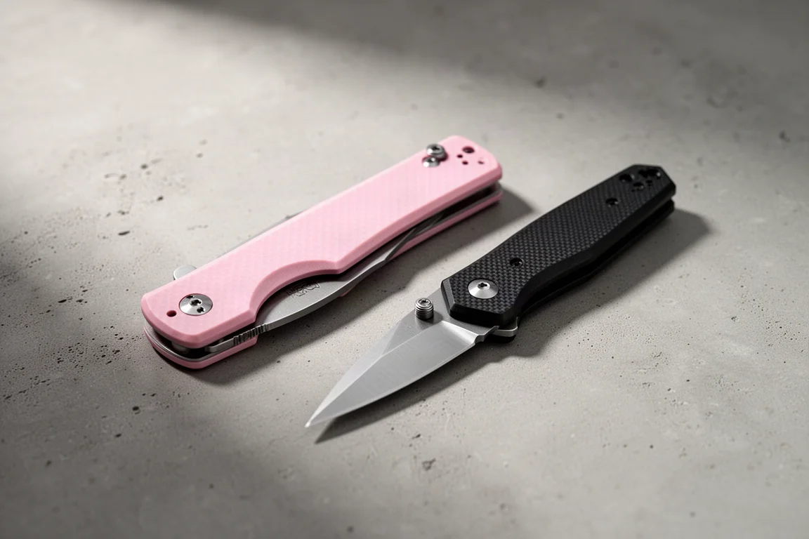 Zwei Taschenklappmesser, eines rosa und eines schwarz, nebeneinander auf Beton