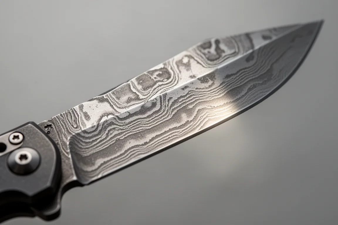 Close-up van een Damaskus stalen leml met zichtbaar gelaagd patroon
