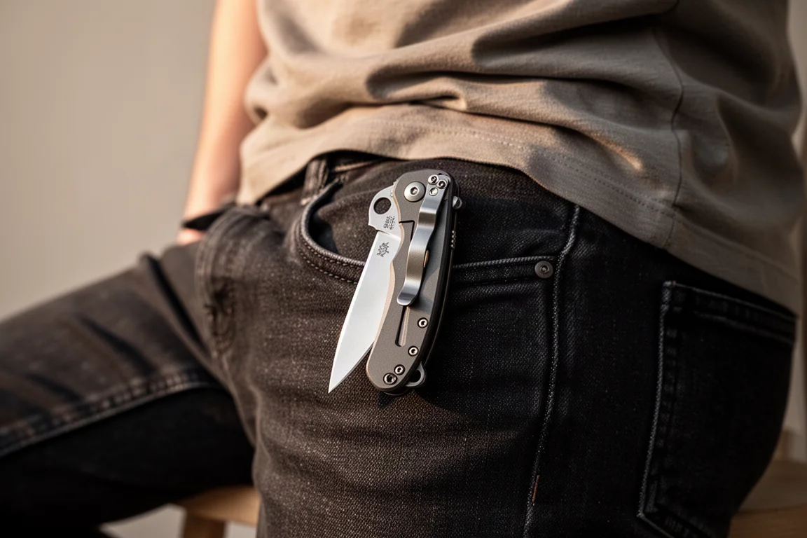 Zakmes met clip in een spijkerbroekzak, een casual everyday carry-scène