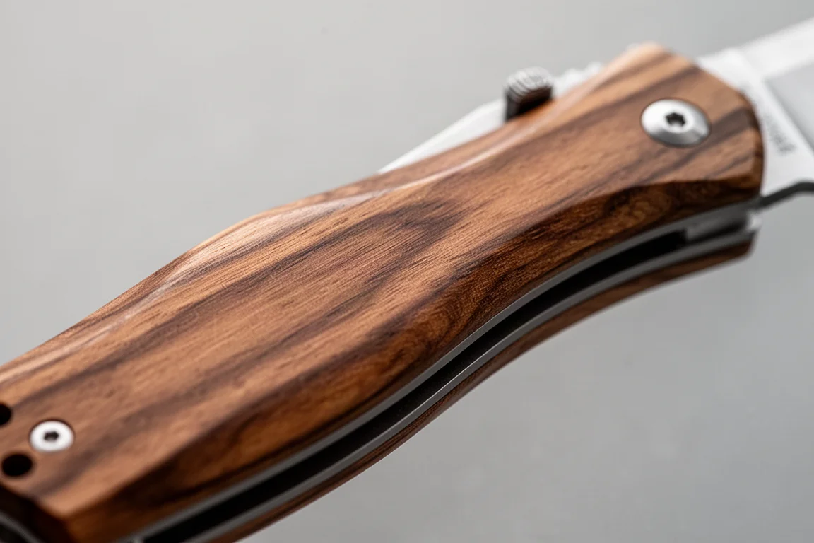 Primer plano de una navaja plegable con mango de madera mostrando vetas naturales únicas