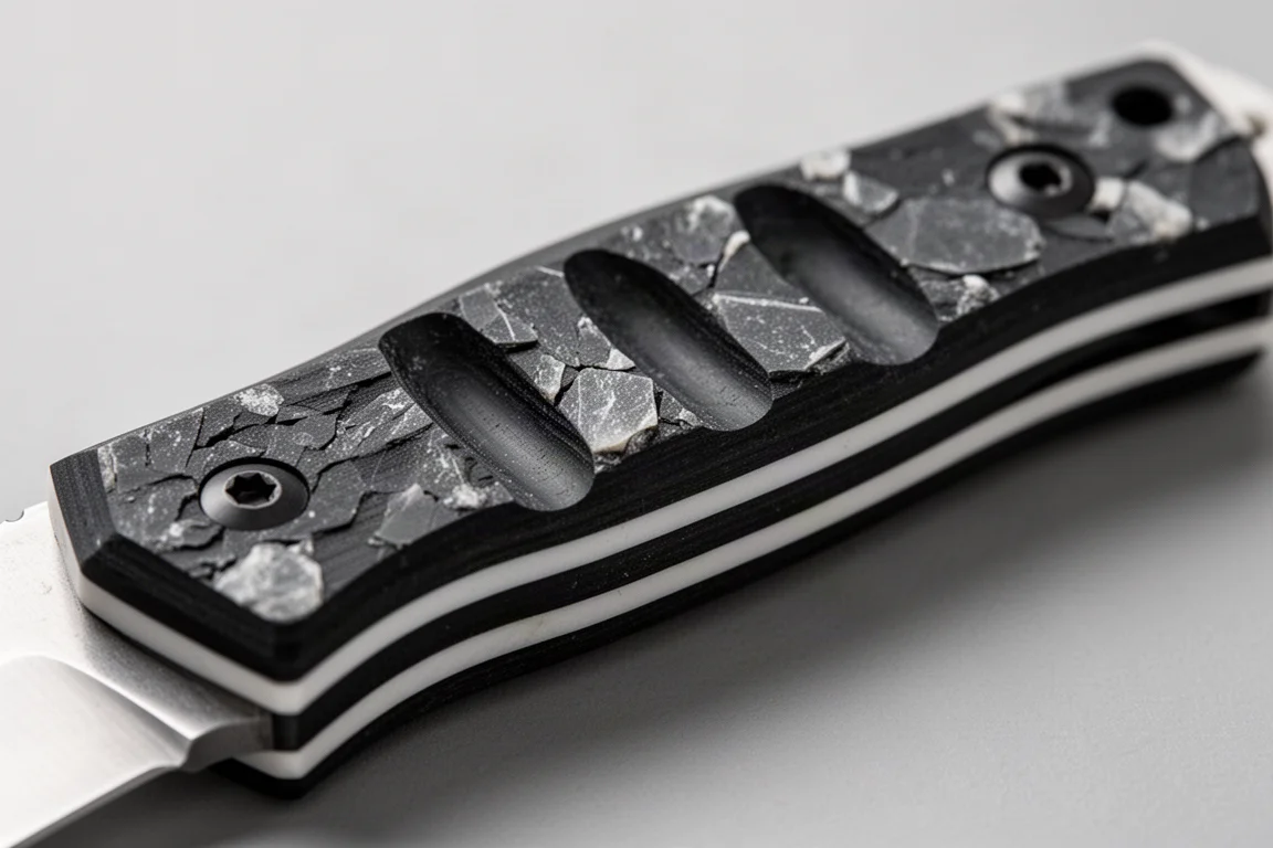 Primo piano di un manico di coltello in G10 stratificato nero e bianco con scanalature per le dita intagliate