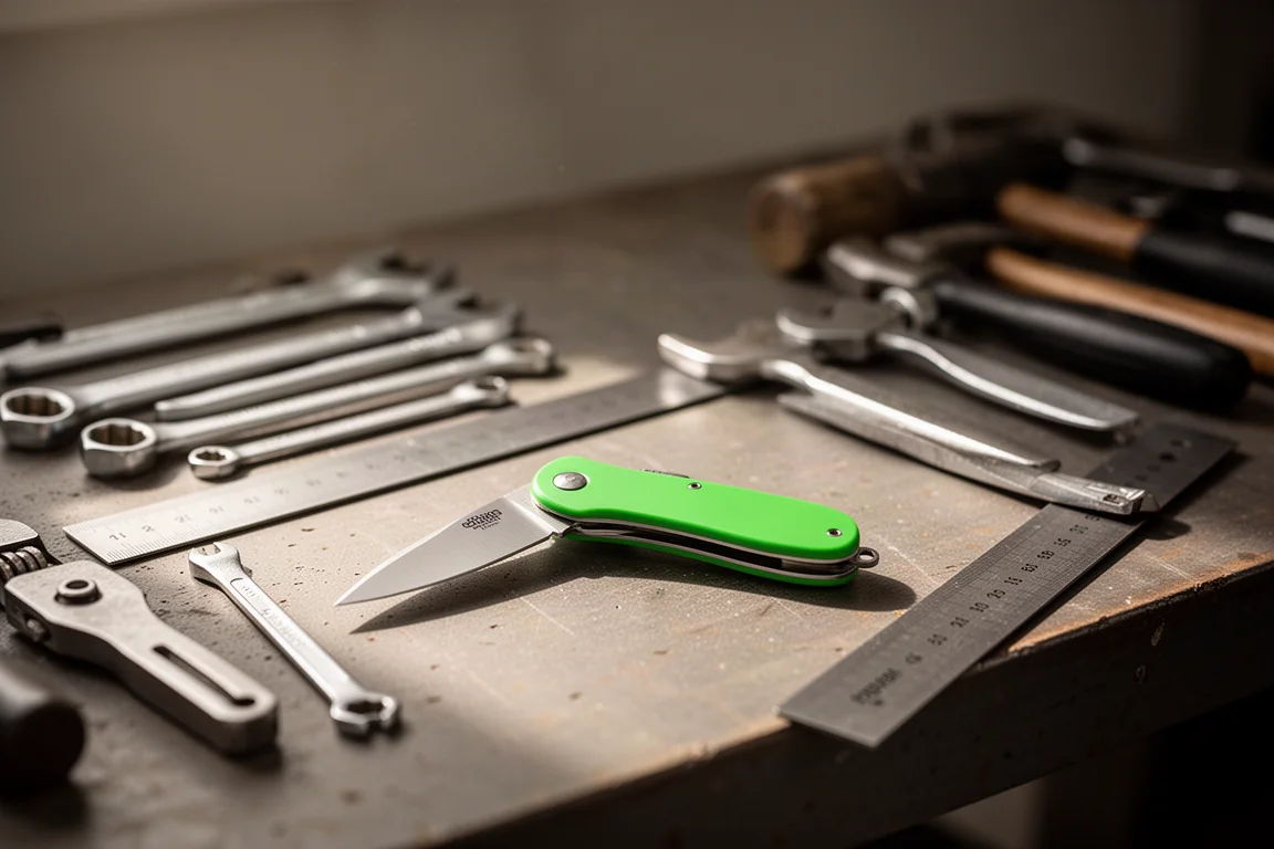 Scena da banco di lavoro con un coltello sottile dal manico verde accanto ad attrezzi manuali