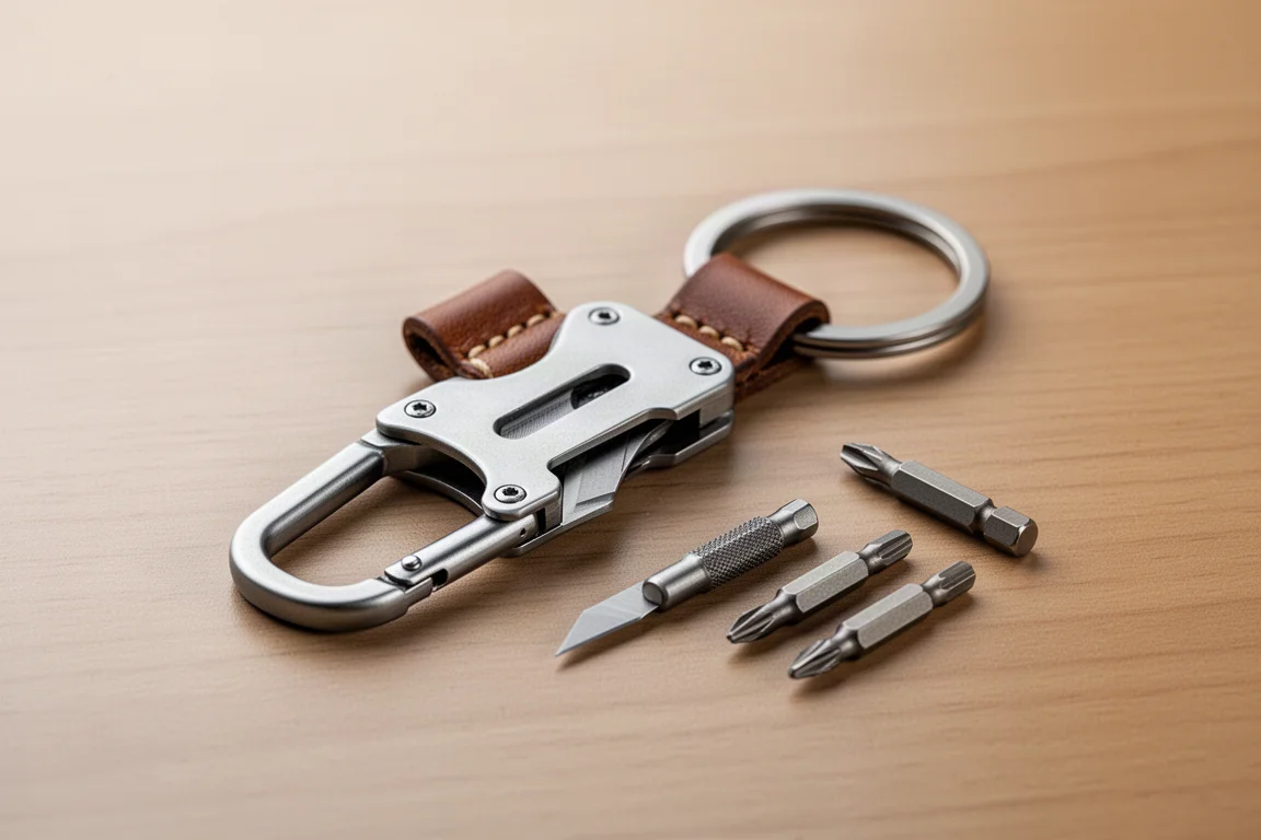 Multi-tool a moschettone in titanio con punta rimovibile infilato in un portachiavi