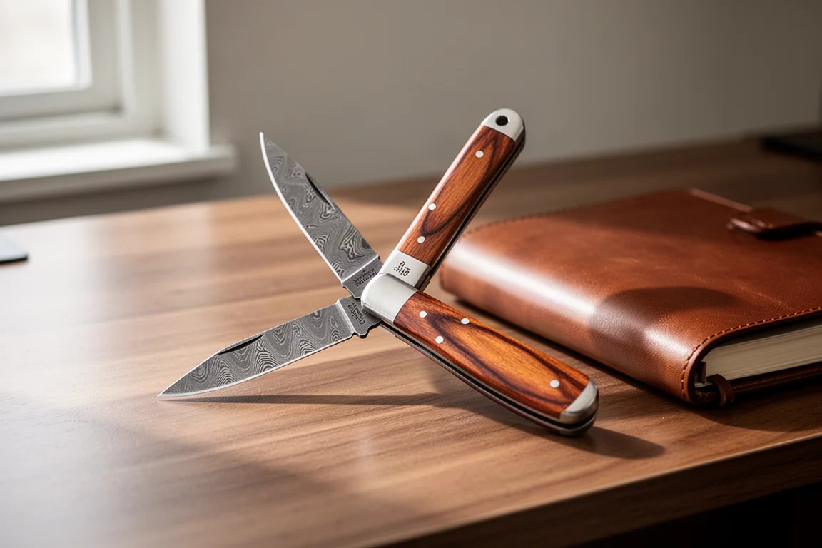 Coltello tascabile a serratura con lasche del manico in legno aperto su una scrivania in legno