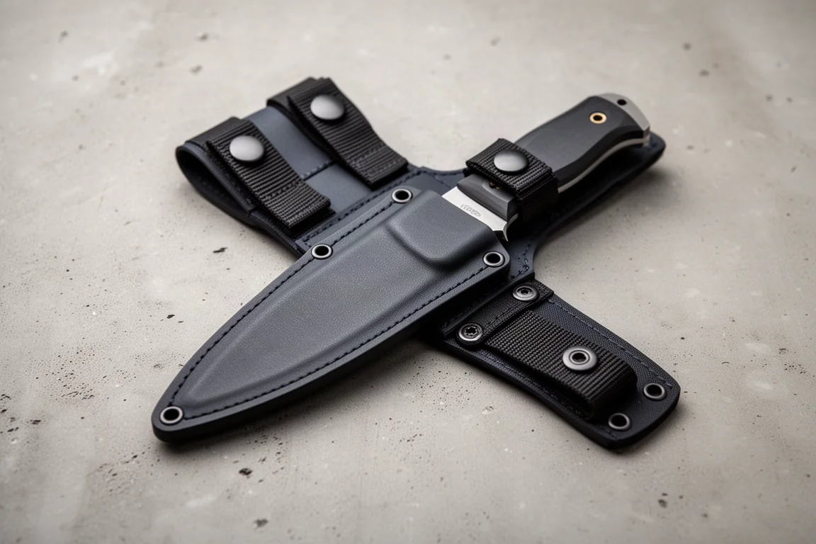Coltello a lama fissa alloggiato in un fodero su misura con cinghie su una superficie di cemento