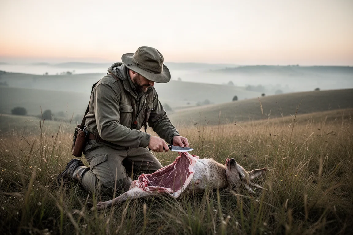 Cacciatore che eviscera la selvaggina all'alba in una zona aperta
