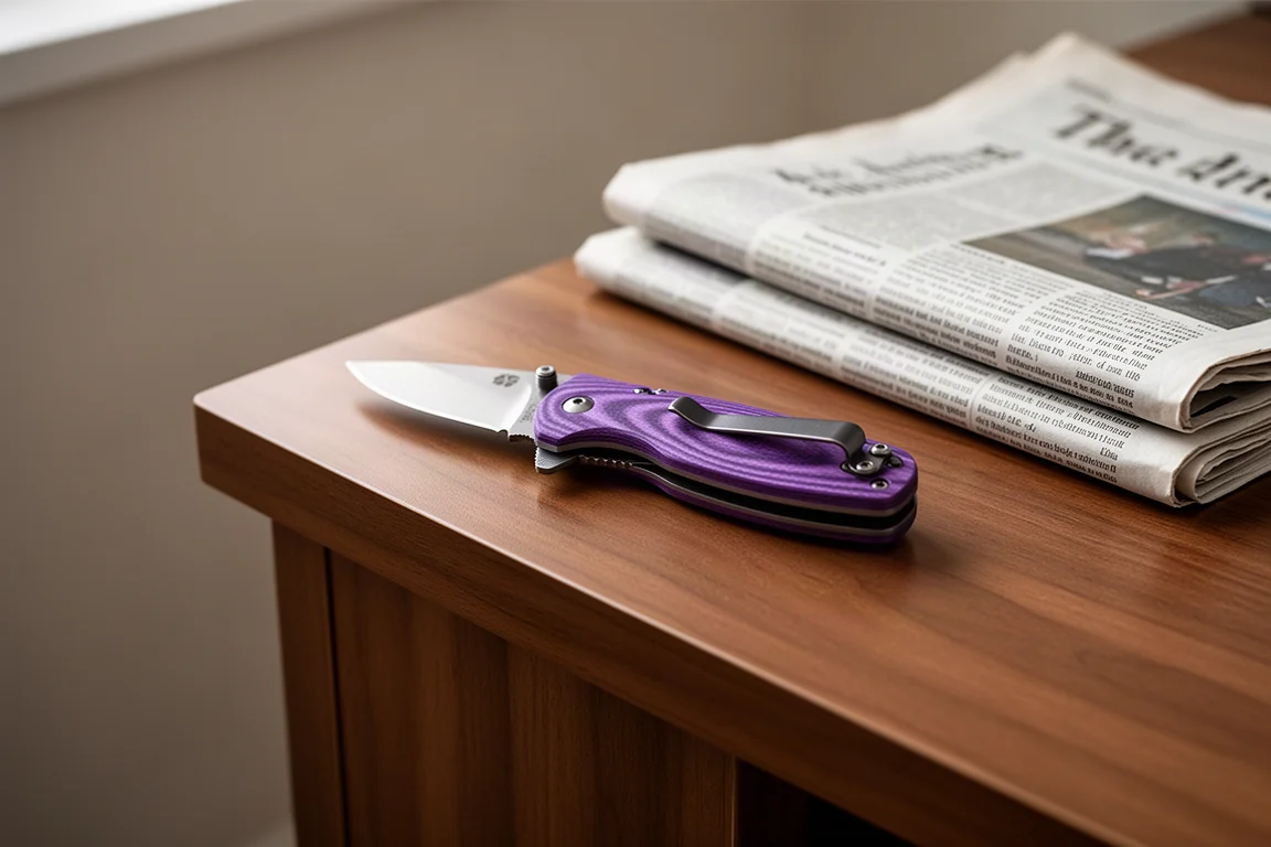 Navaja plegable de Micarta morada cerrada sobre una superficie de escritorio de hormigón