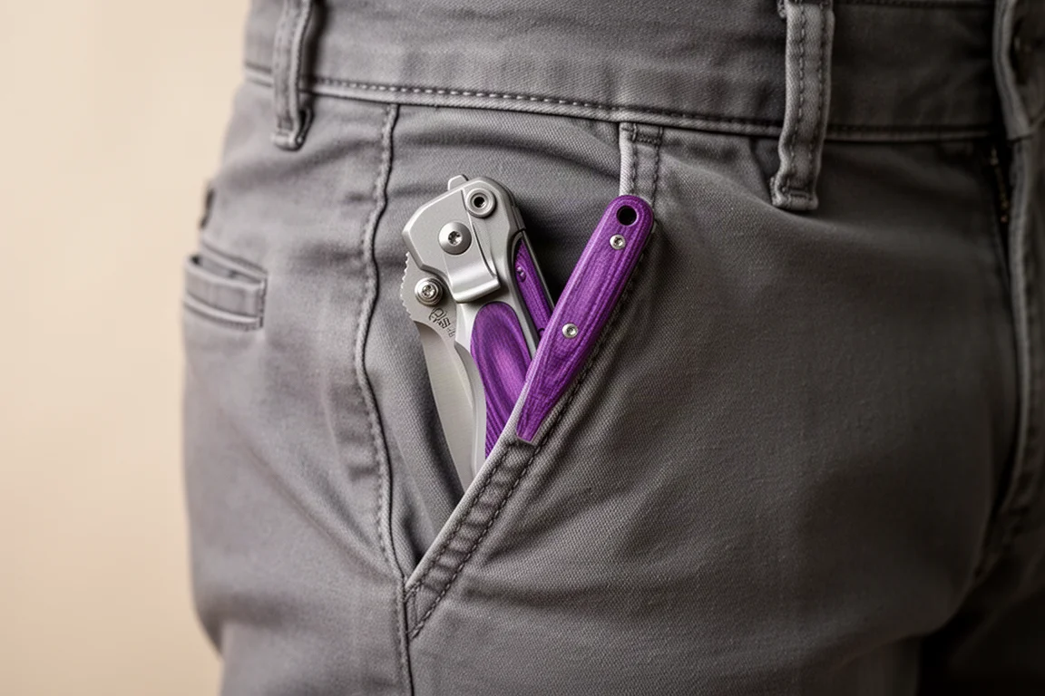 Clip de bolsillo de bolsillo profundo sosteniendo una navaja baja dentro del bolsillo frontal
