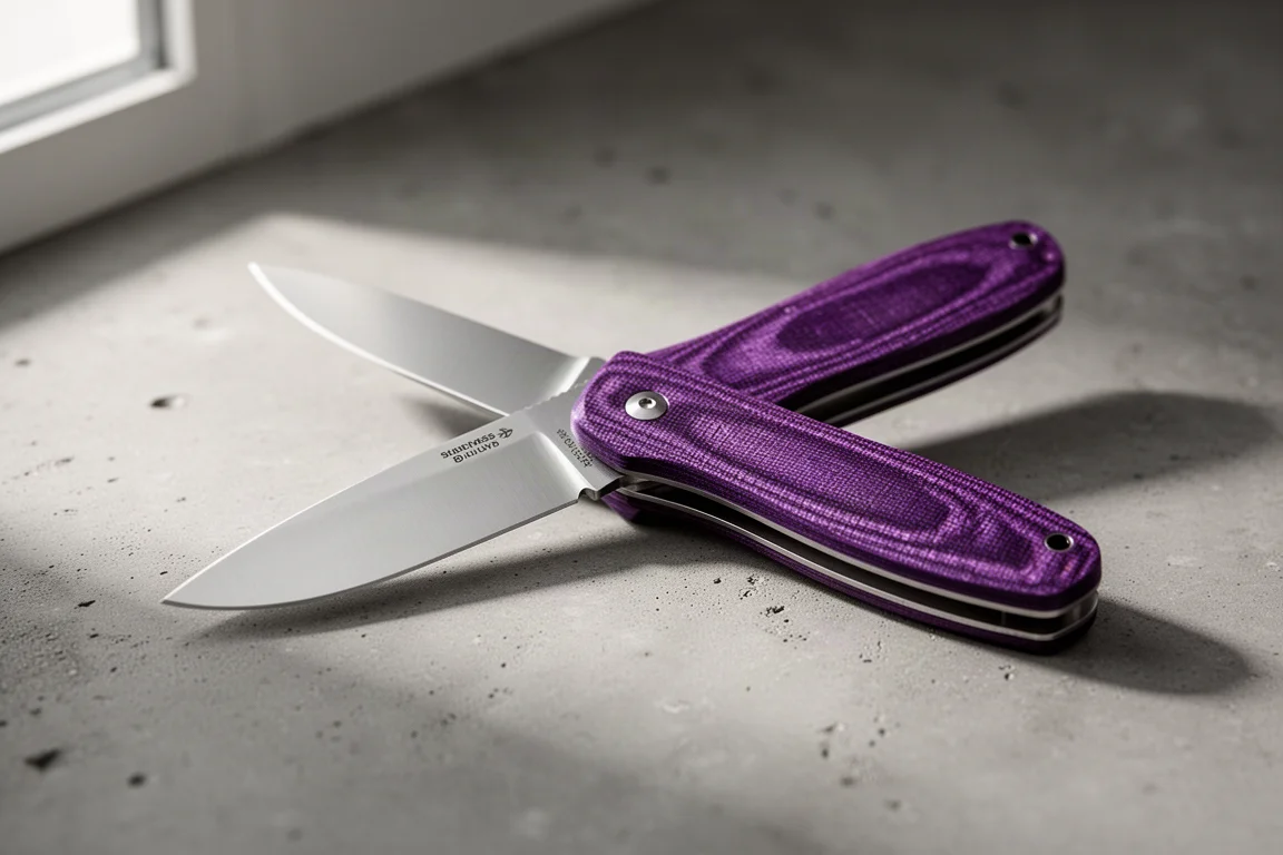 Navaja plegable Civivi Merit abierta, mostrando el mango de Micarta morada y la hoja esbelta