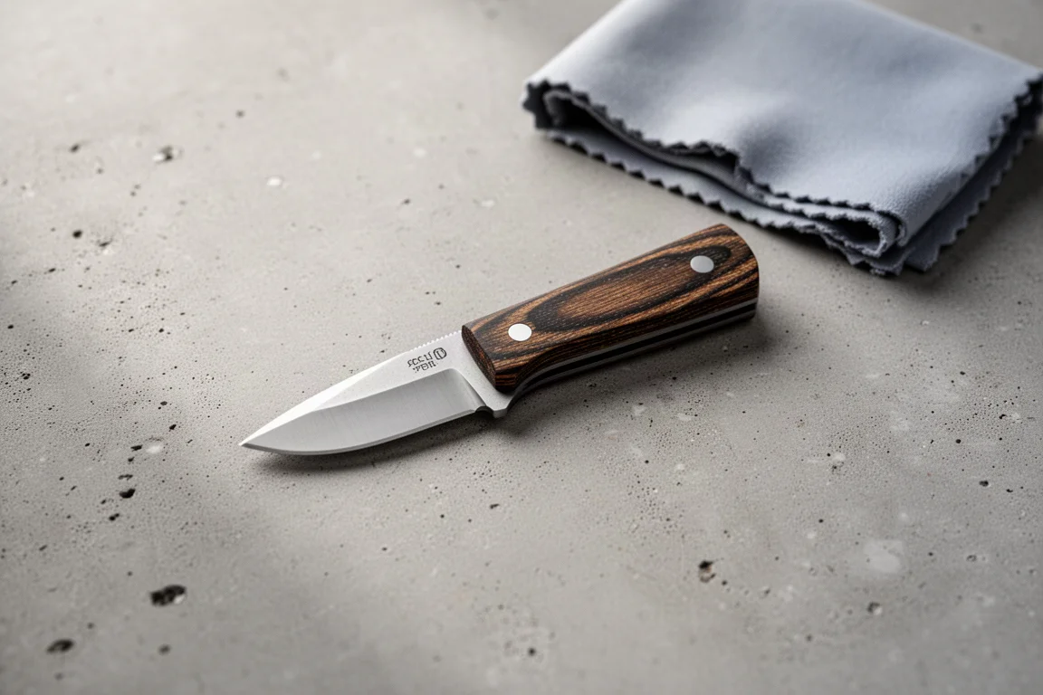 Piccolo neck knife con lama a drop point e pannelli in Micarta sul cemento