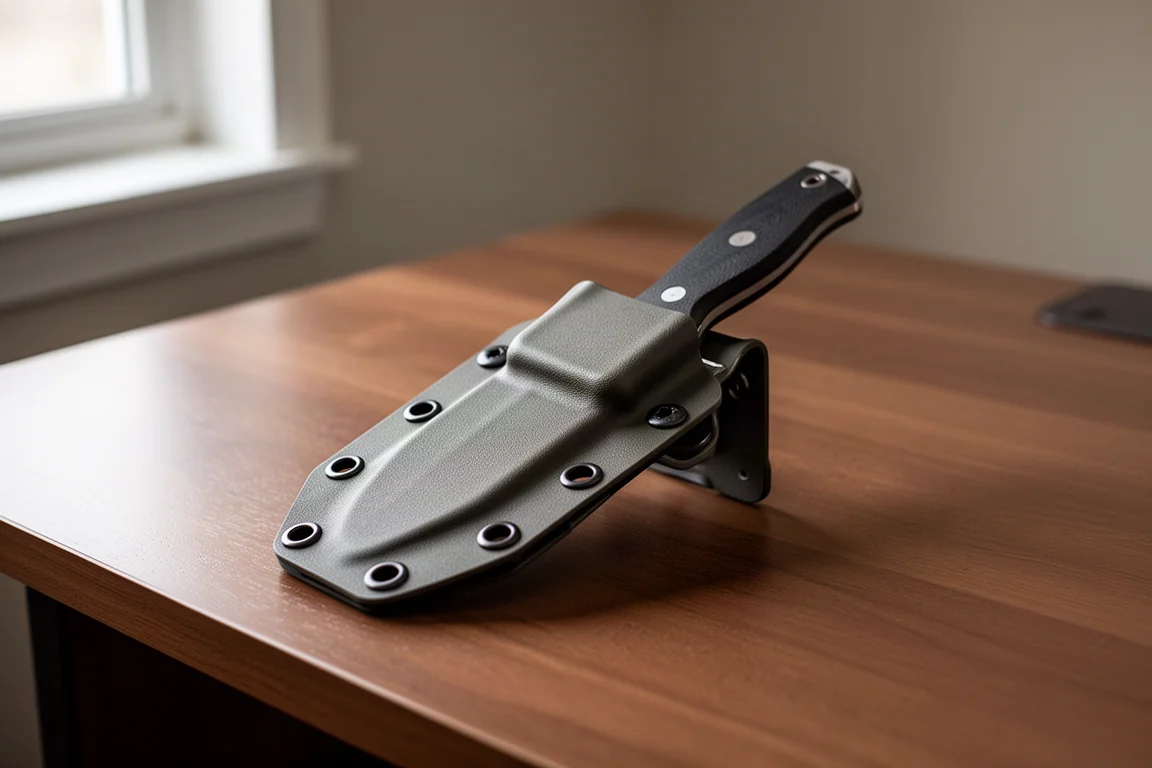 Piccolo coltello nella sua fondina in Kydex modellata su una scrivania in legno