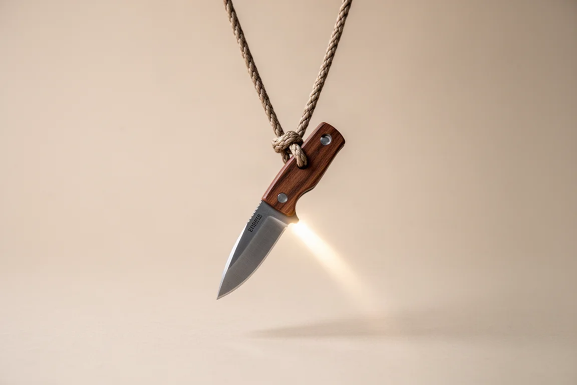 Piccolo neck knife appeso a un cordoncino intrecciato su sfondo neutro