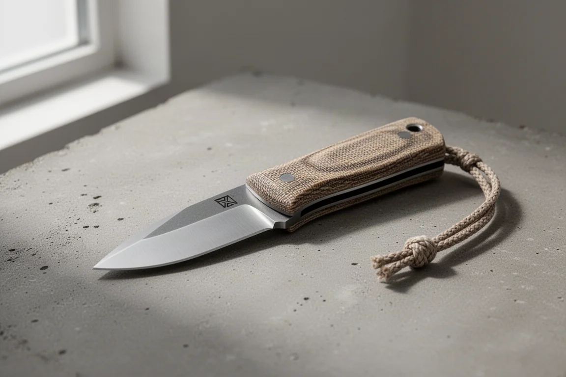 Small neck knife with drop point blade and Micarta handle panels on concrete