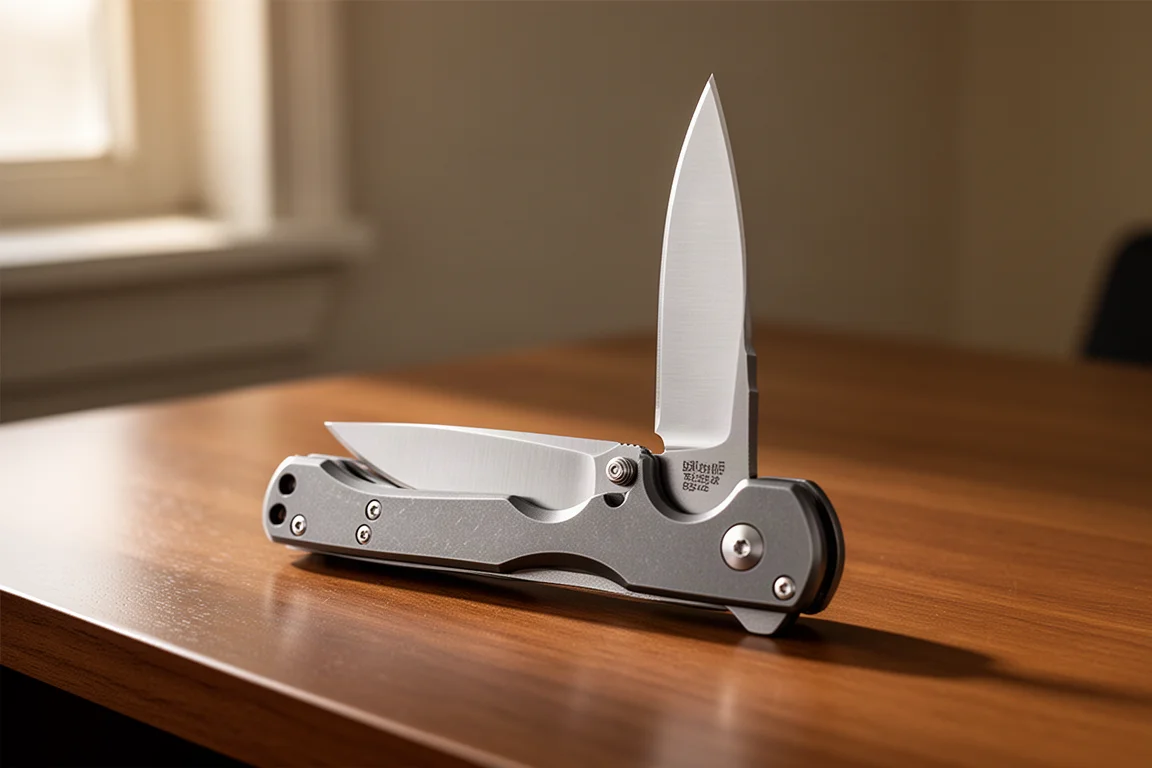 Couteau pliant compact ouvert sur un bureau en bois montrant son choil pour doigt et son affûtage plat
